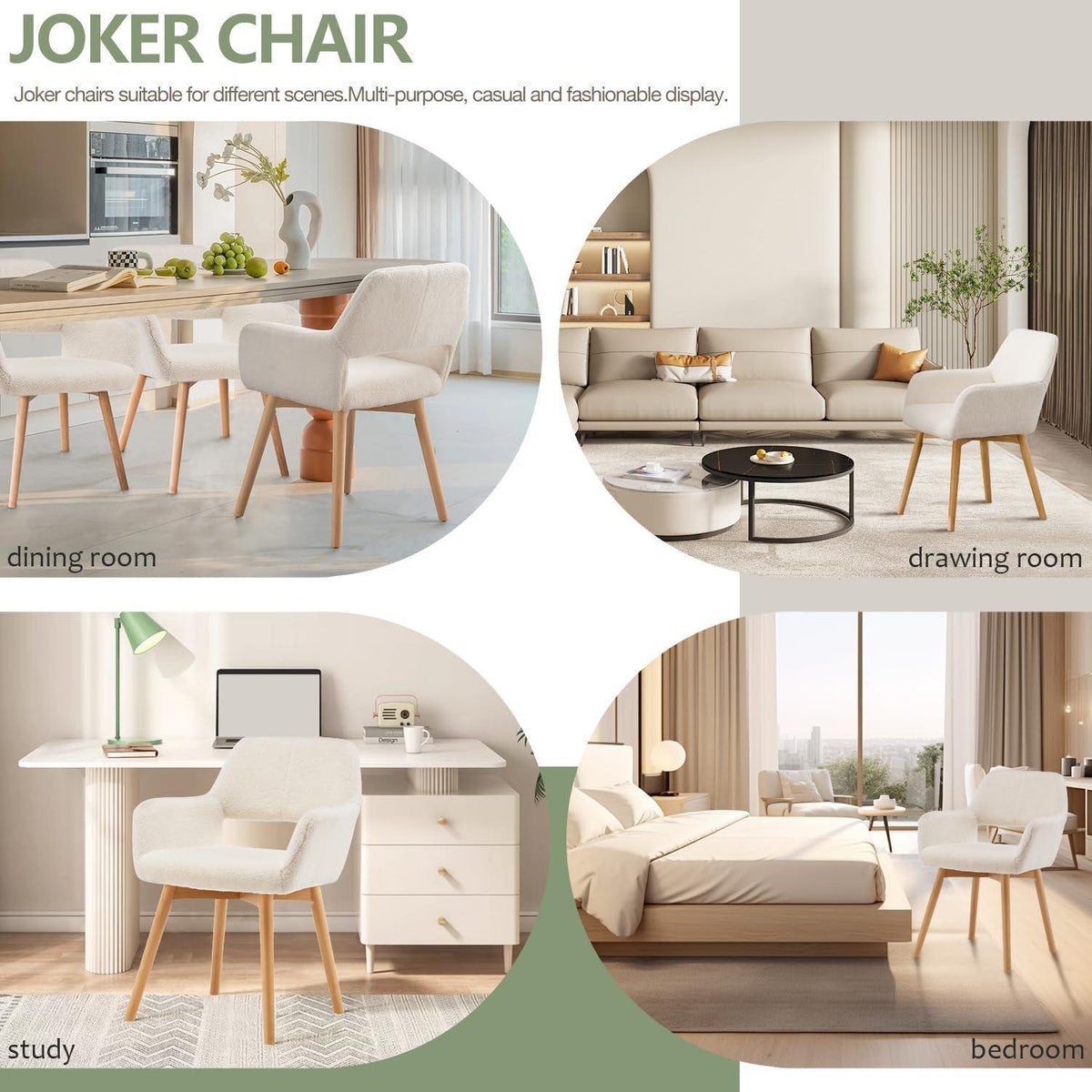 Mid-Century Modern Esszimmerstuhl 2er-Set, Wollweiß