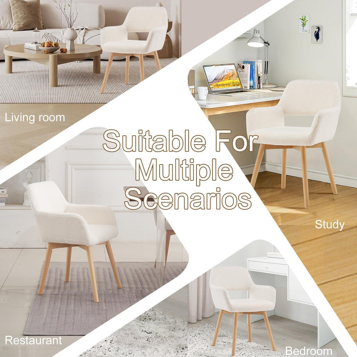 Mid-Century Modern Sessel mit Holzbeinen – Wollweiß