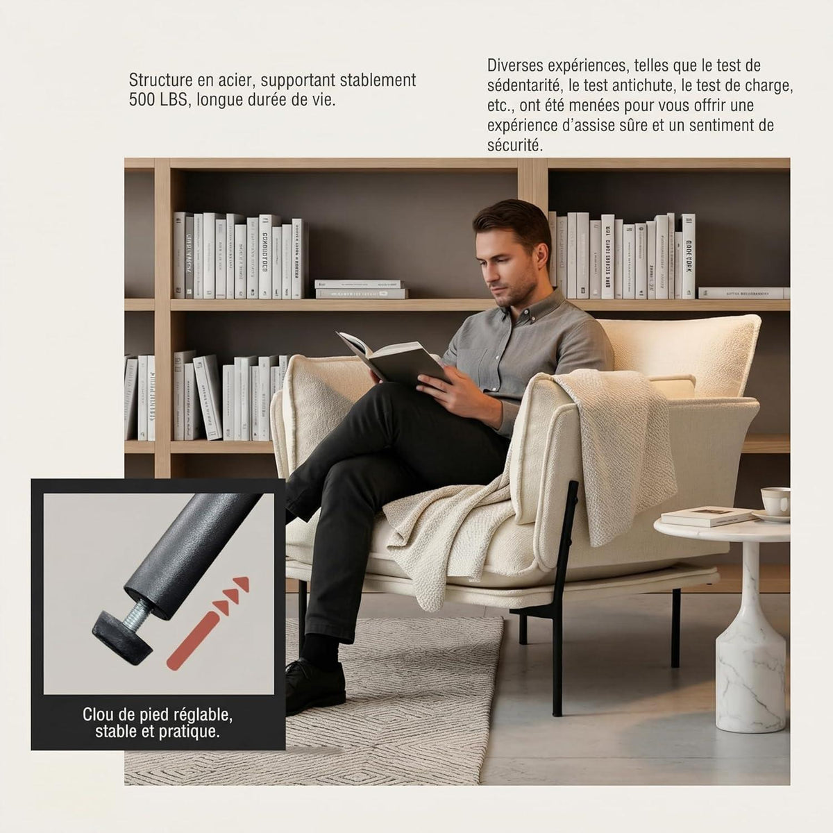 Bouclé Loungesessel mit Metallbeinen – Creme