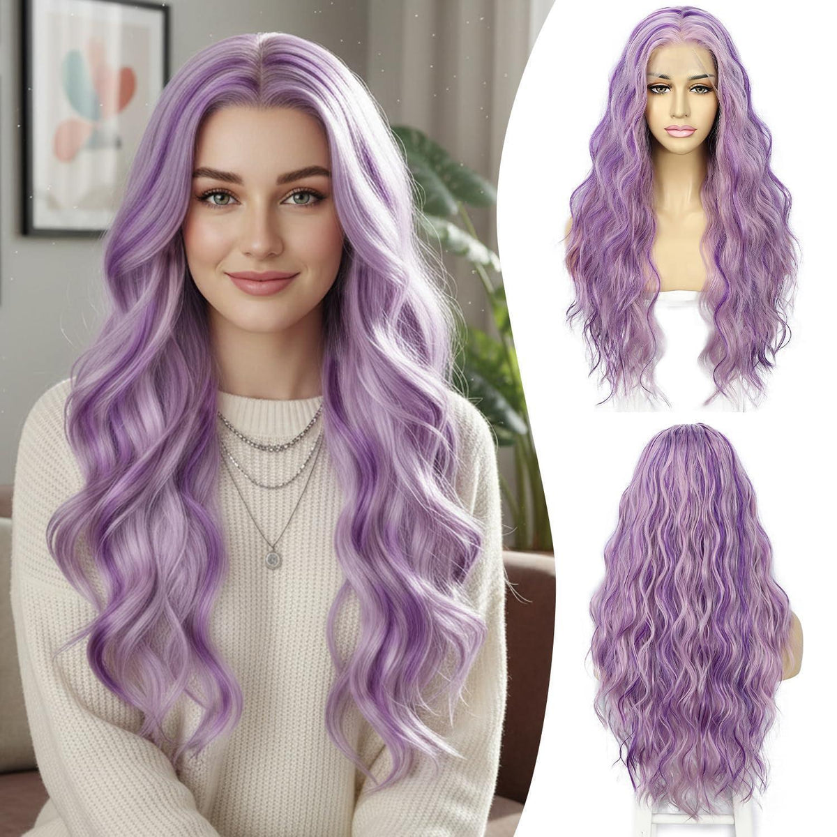 Lila Wellige Lace Front Perücke mit Highlights – 24 Zoll Synthetik
