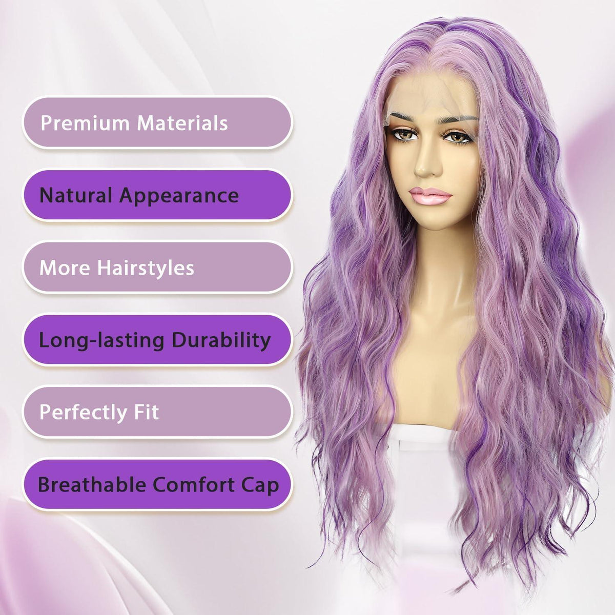 Lila Wellige Lace Front Perücke mit Highlights – 24 Zoll Synthetik