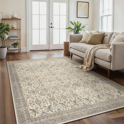 Vintage Teppich Wohnzimmer 200x290 cm – Beige Kurzflor Teppich
