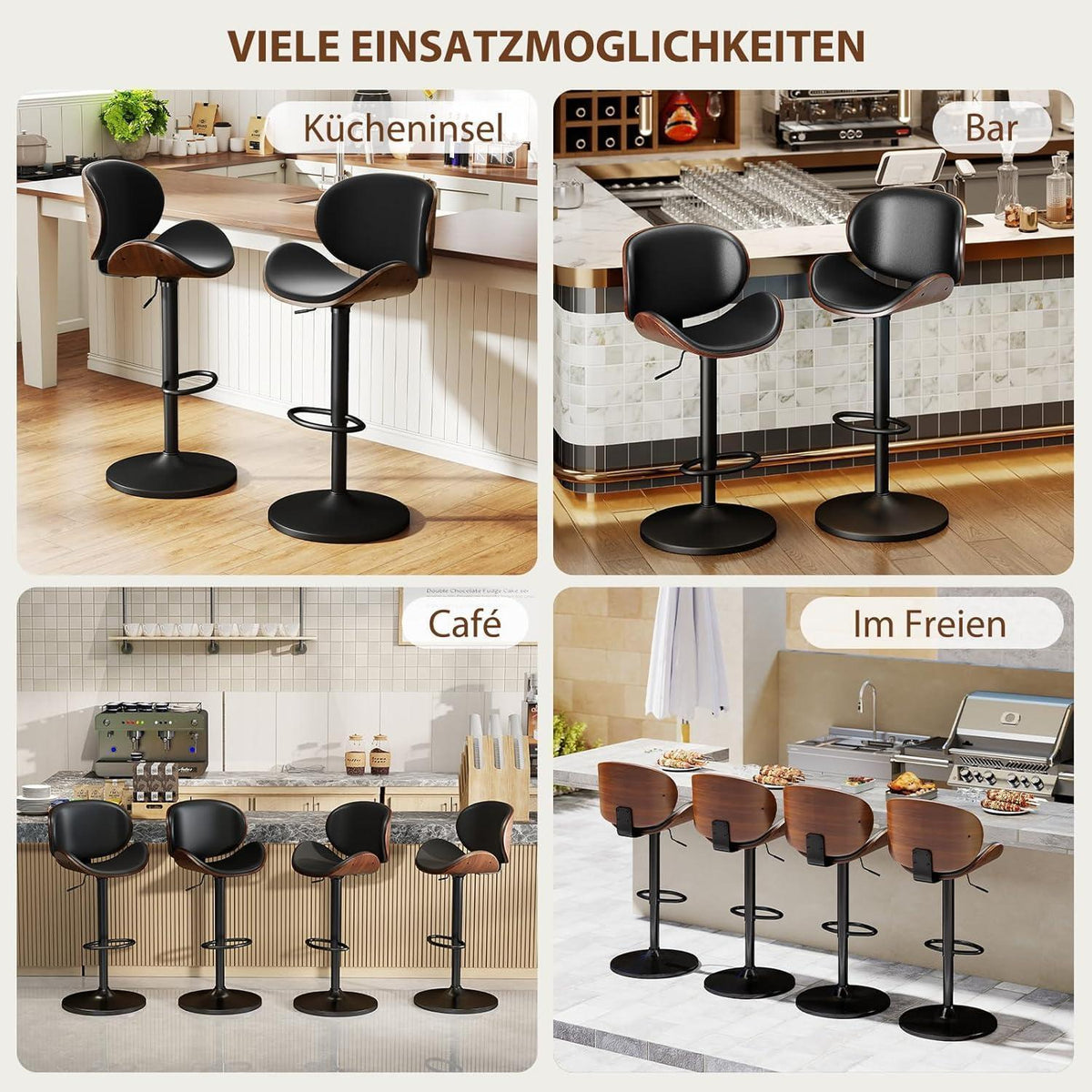 Barhocker Set 4er – Höhenverstellbar, Holz, Schwarz in Lederoptik