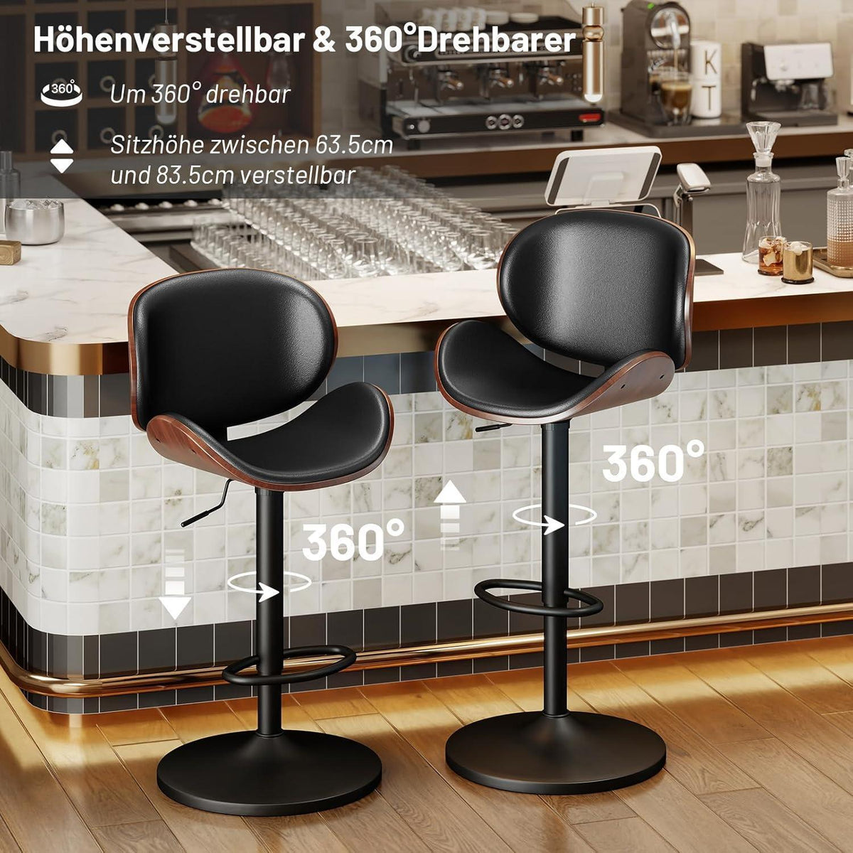 Barhocker Set 4er – Höhenverstellbar, Holz, Schwarz in Lederoptik