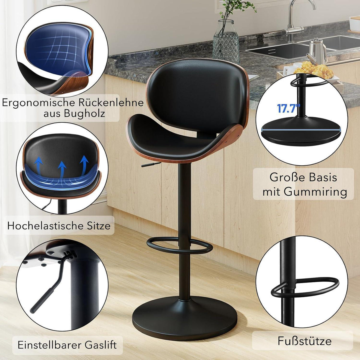 Barhocker Set 4er – Höhenverstellbar, Holz, Schwarz in Lederoptik