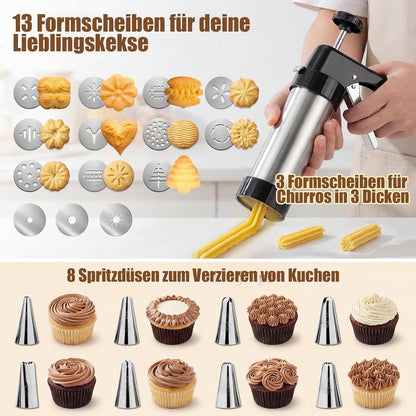 Edelstahl Gebäckspritze mit 16 Schablonen & 8 Tüllen – Kekse, Churros & mehr