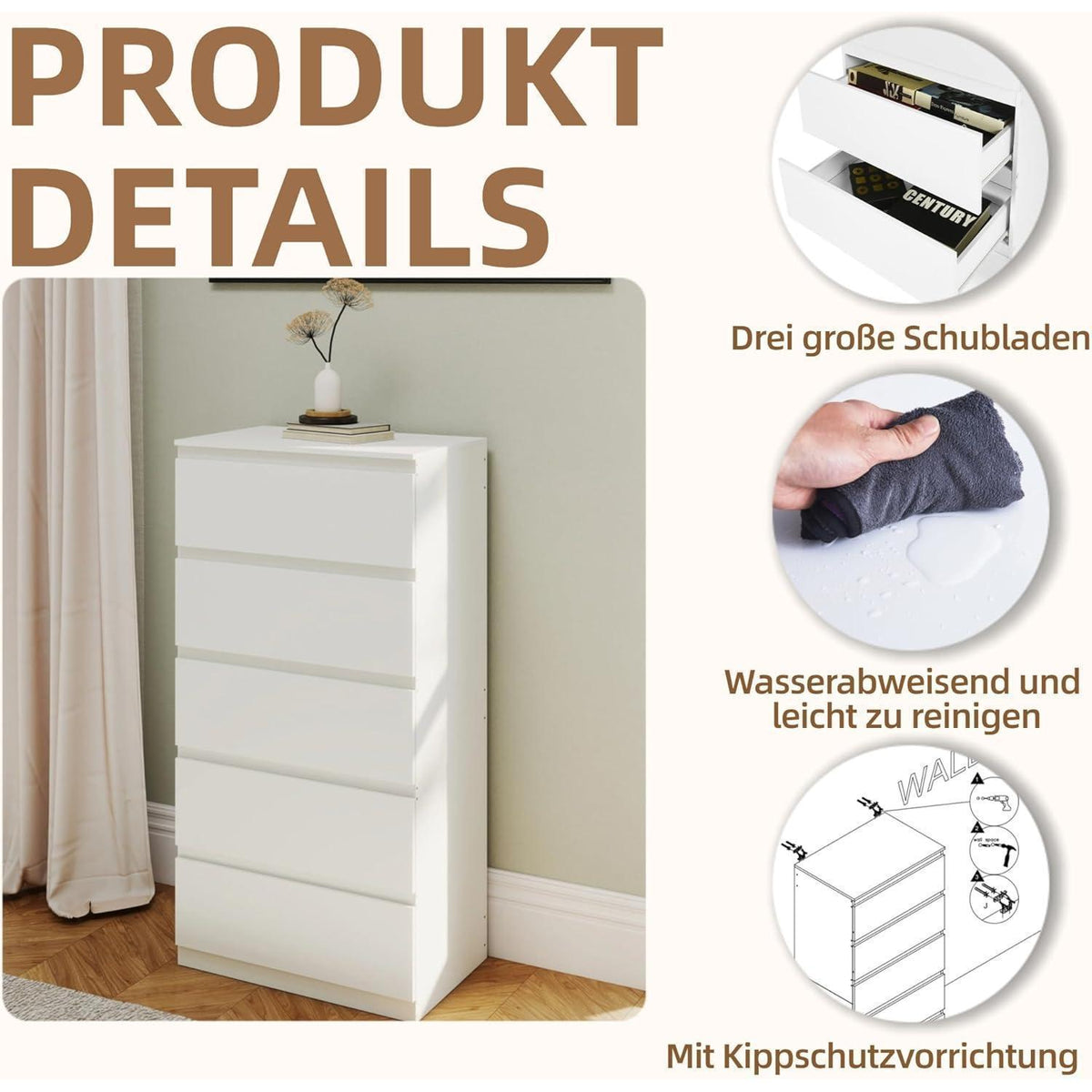 Weißer Kommodenschrank 60cm mit 5 Schubladen – Schlafzimmer & Büro