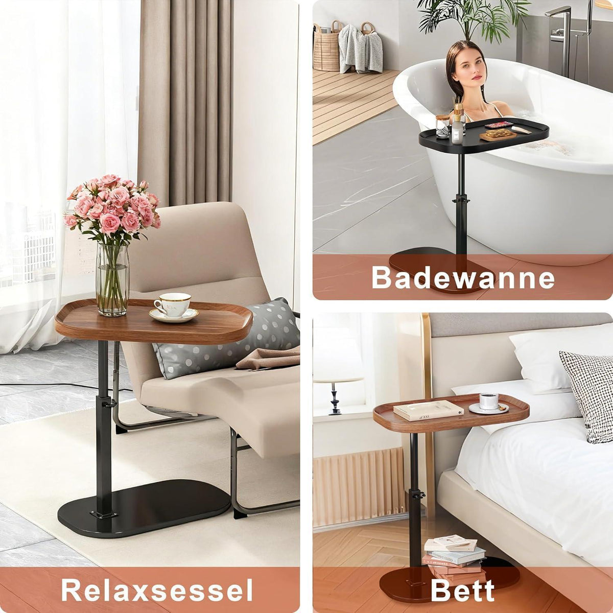 Höhenverstellbarer C-förmiger Beistelltisch – 30x45cm, Drehbar, Walnuss