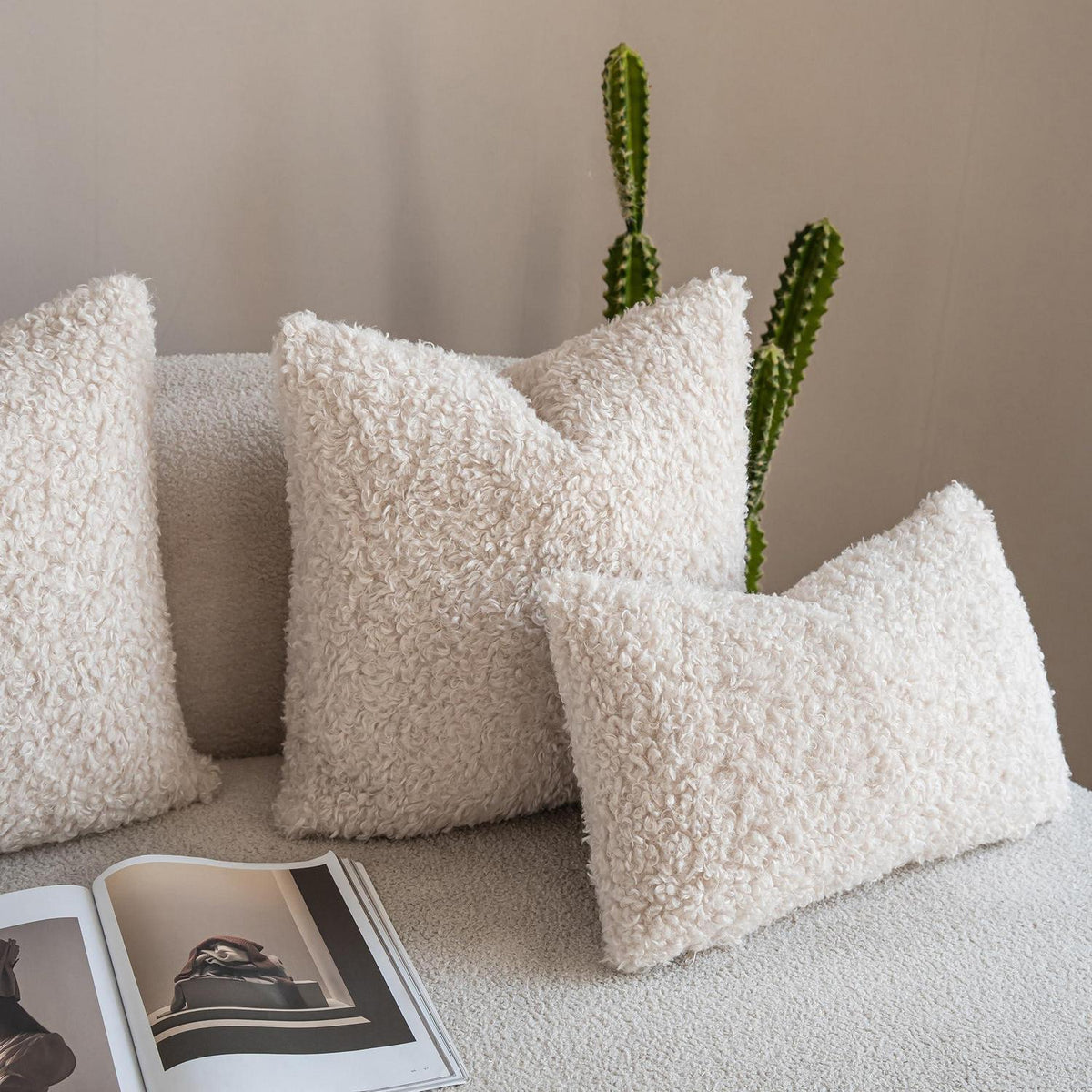 2x Kuschelige Teddy Wolle Kissenbezüge 30x50 cm Beige