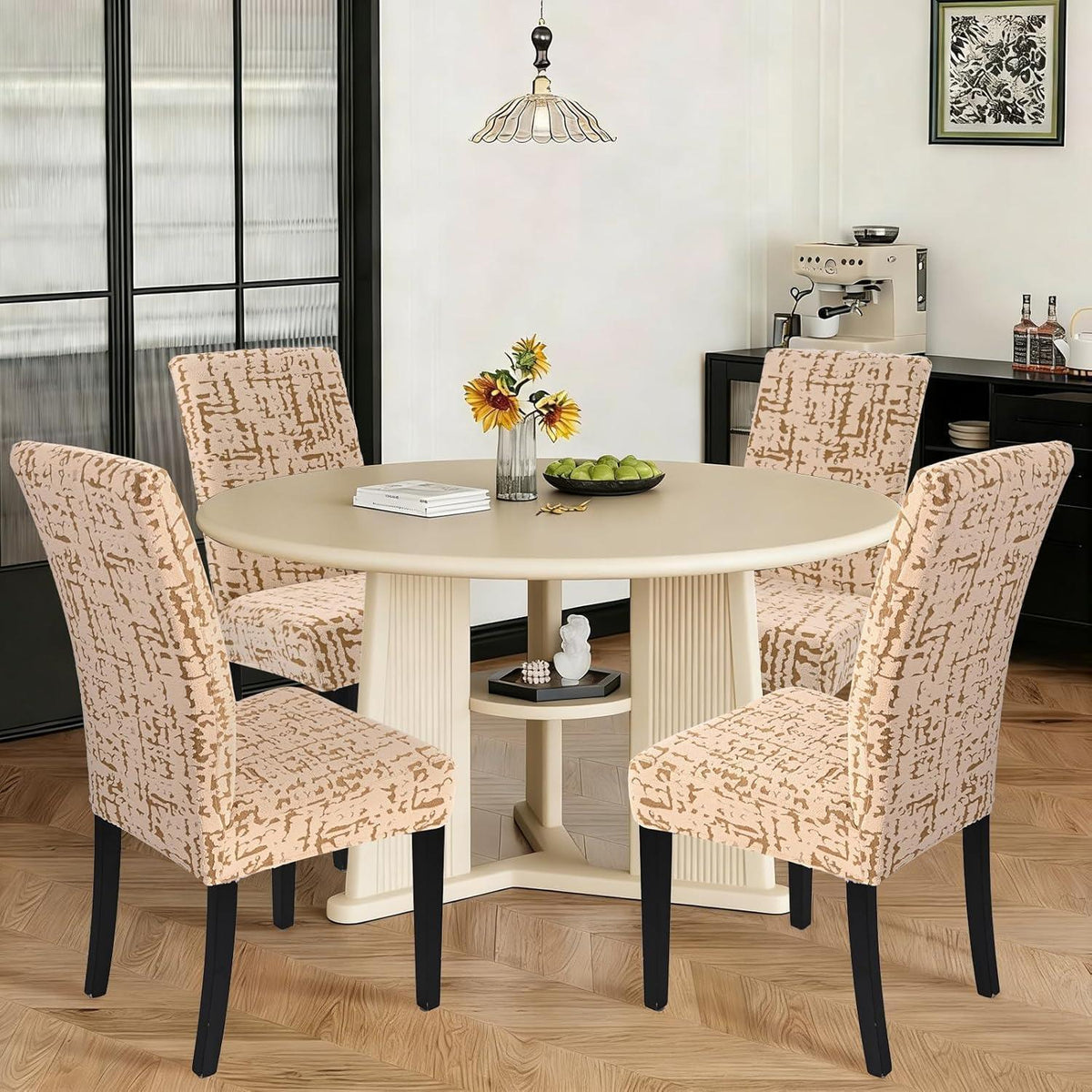 Stretch Stuhlhussen Set 4er – Camel | Jacquard, Waschbar