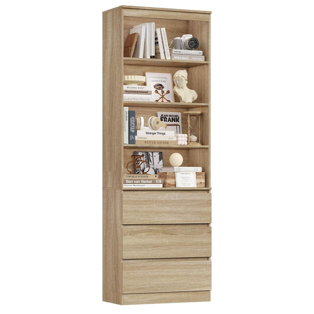 Bücherregal Hochschrank mit Schubladen & Ablagen – Eiche