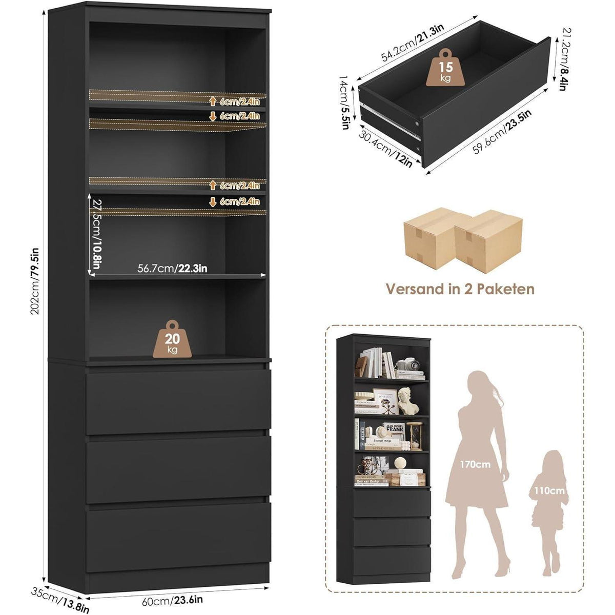 Bücherregal Hochschrank mit Schubladen & verstellbaren Ablagen