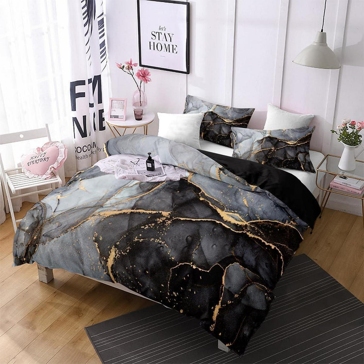 Marmor Bettwäsche Set 135x200 cm, 4-teilig, Schwarz