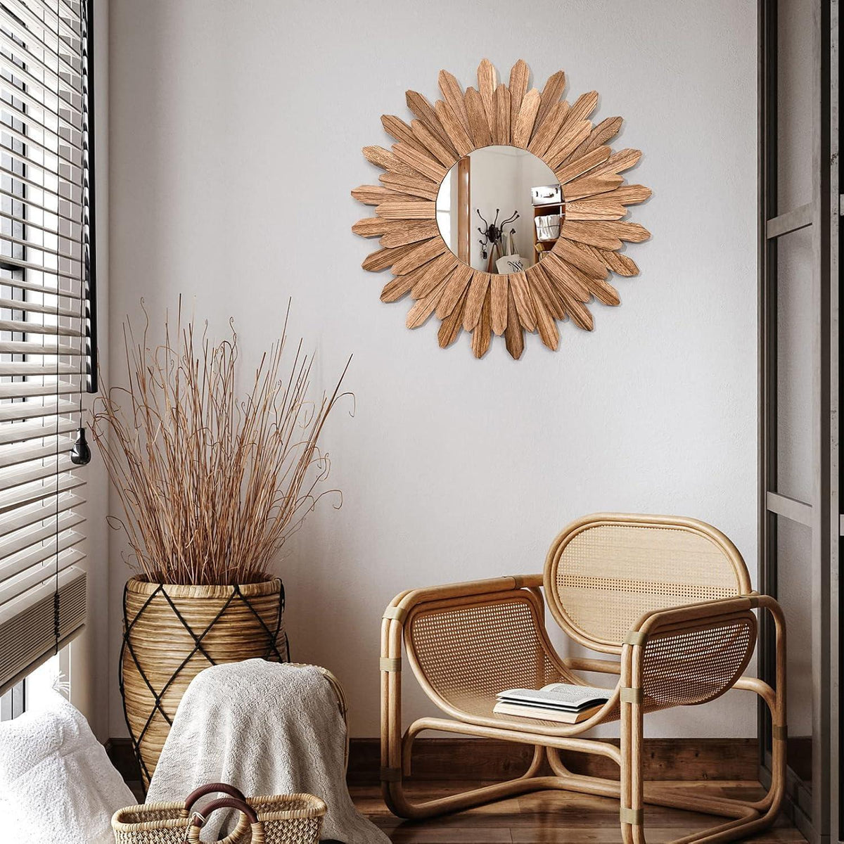 Runder Wandspiegel Holz 53cm – Boho Deko für Wohnzimmer & Bad