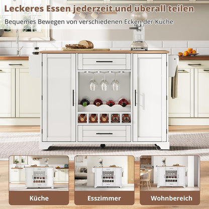 Kücheninsel mit Klappplatte & Weinregal – Weiß 138x45x92cm