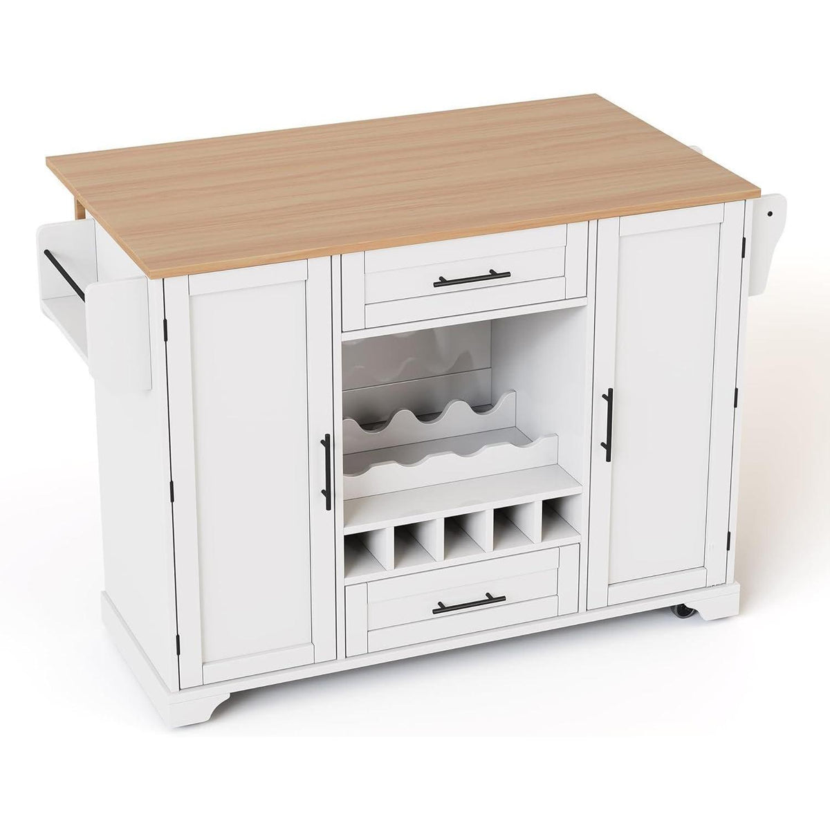 Kücheninsel mit Klappplatte & Weinregal – Weiß 138x45x92cm