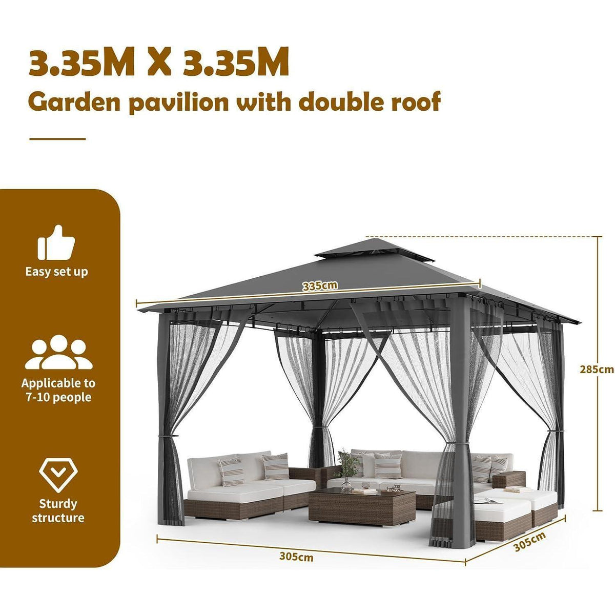 Gartenpavillon 3.4x3.4m – Wasserdicht, Stabil & Mit Moskitonetz