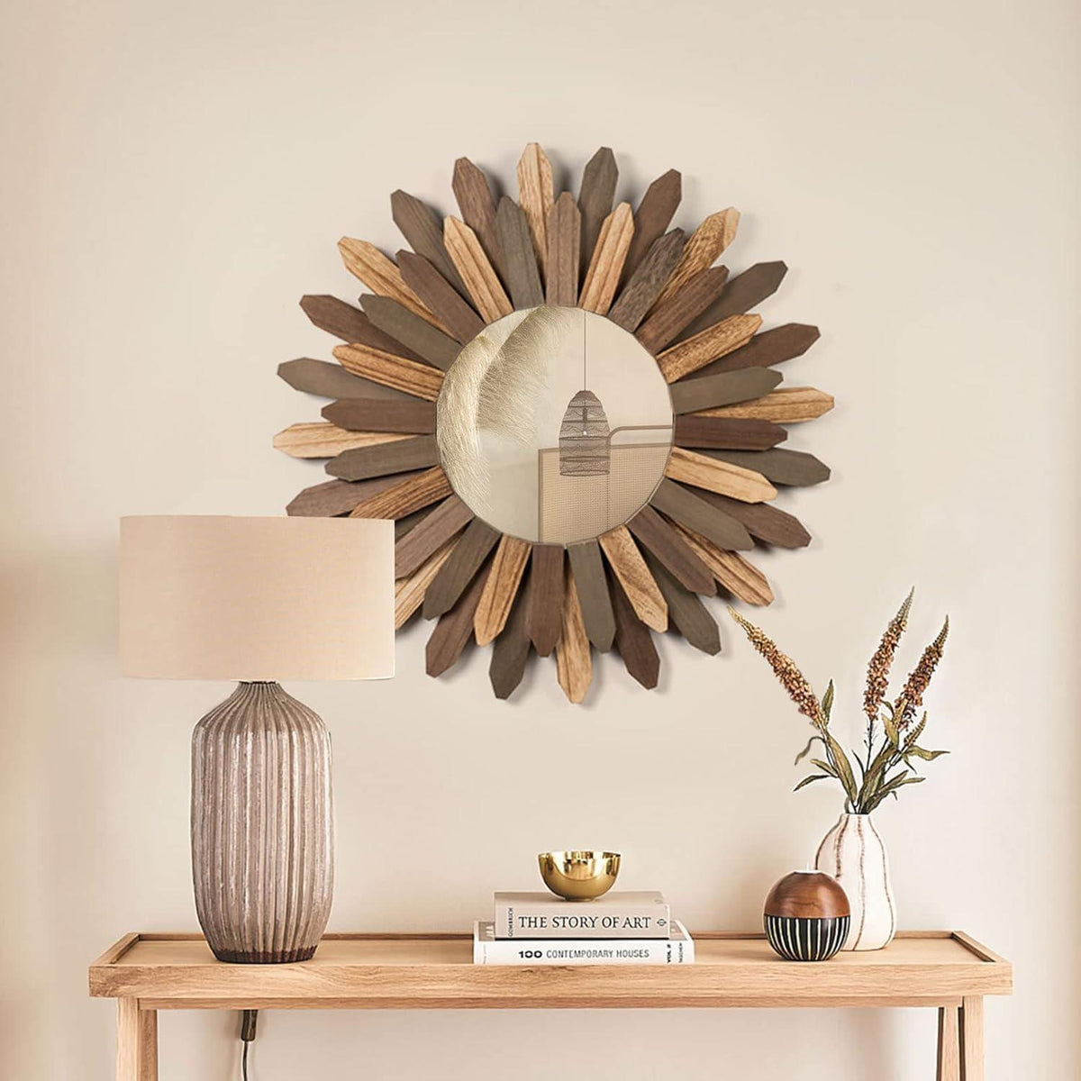 Boho Wandspiegel Holz rund – Dekorative Wanddeko 53cm