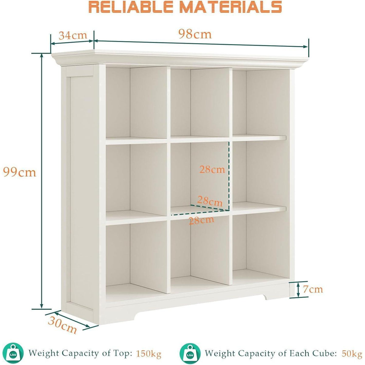 OSCHF 9-Fächers Bücherregal mit Sockel – Weißes Holzregal für Wohnen & Büro