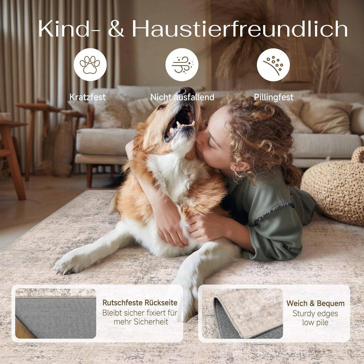 Abstrakt Wohnzimmer Teppich Creme 160x230cm Waschbar Rechteckig