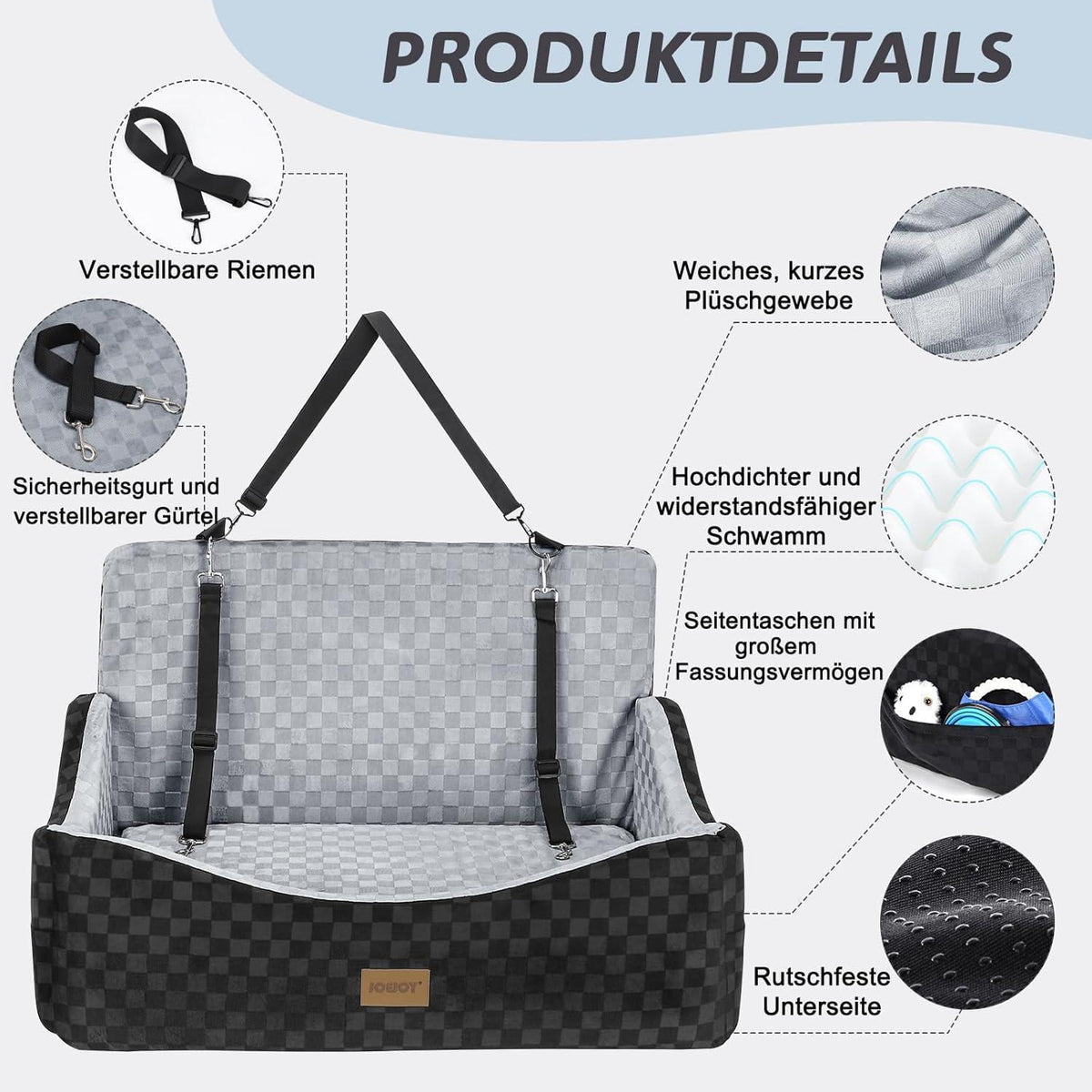 Hunde Autositz mit Leinen & Memory Foam – Grau