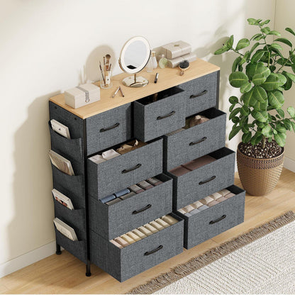 Kommode mit 9 Schubladen – Stoff & Metall, Grau