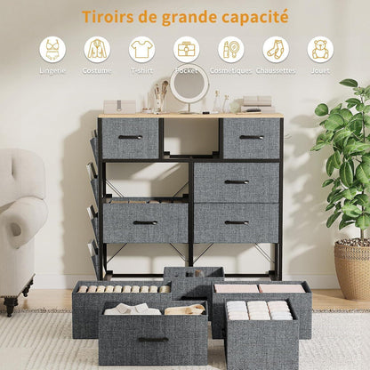 Kommode mit 9 Schubladen – Stoff & Metall, Grau