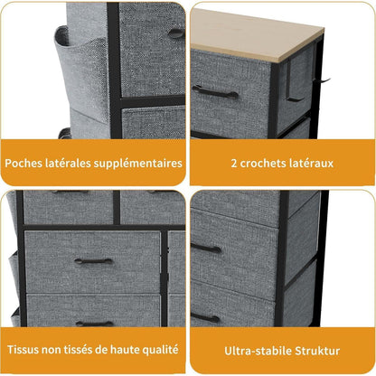 Kommode mit 9 Schubladen – Stoff & Metall, Grau
