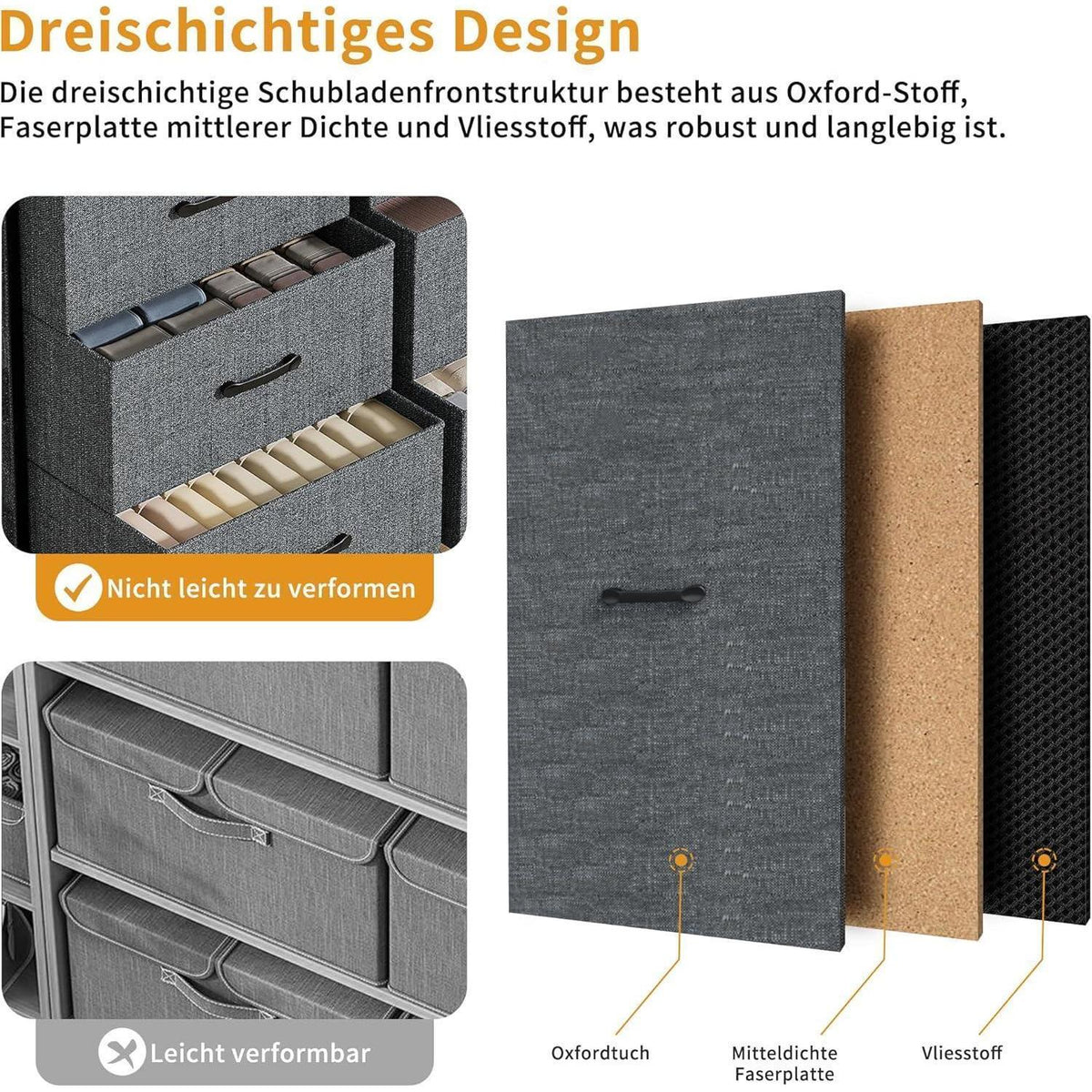 Kommode mit 9 Schubladen – Stoff & Metall, Grau