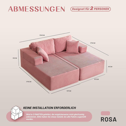 194 cm Modulsofa mit Recamiere & Schlafsofa – Rosa Rosa
