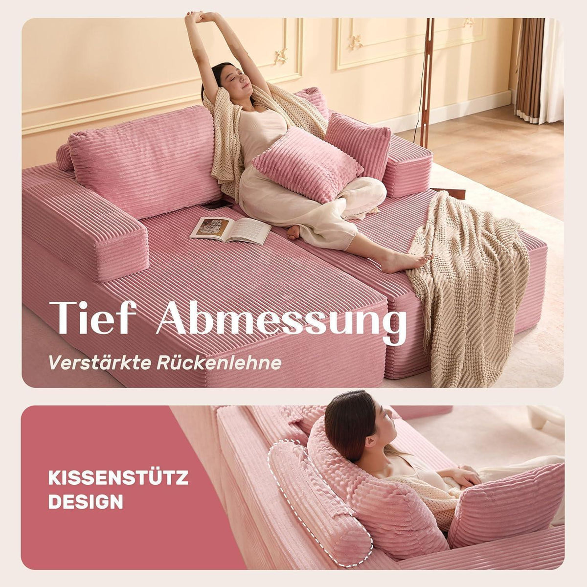 194 cm Modulsofa mit Recamiere & Schlafsofa – Rosa Rosa