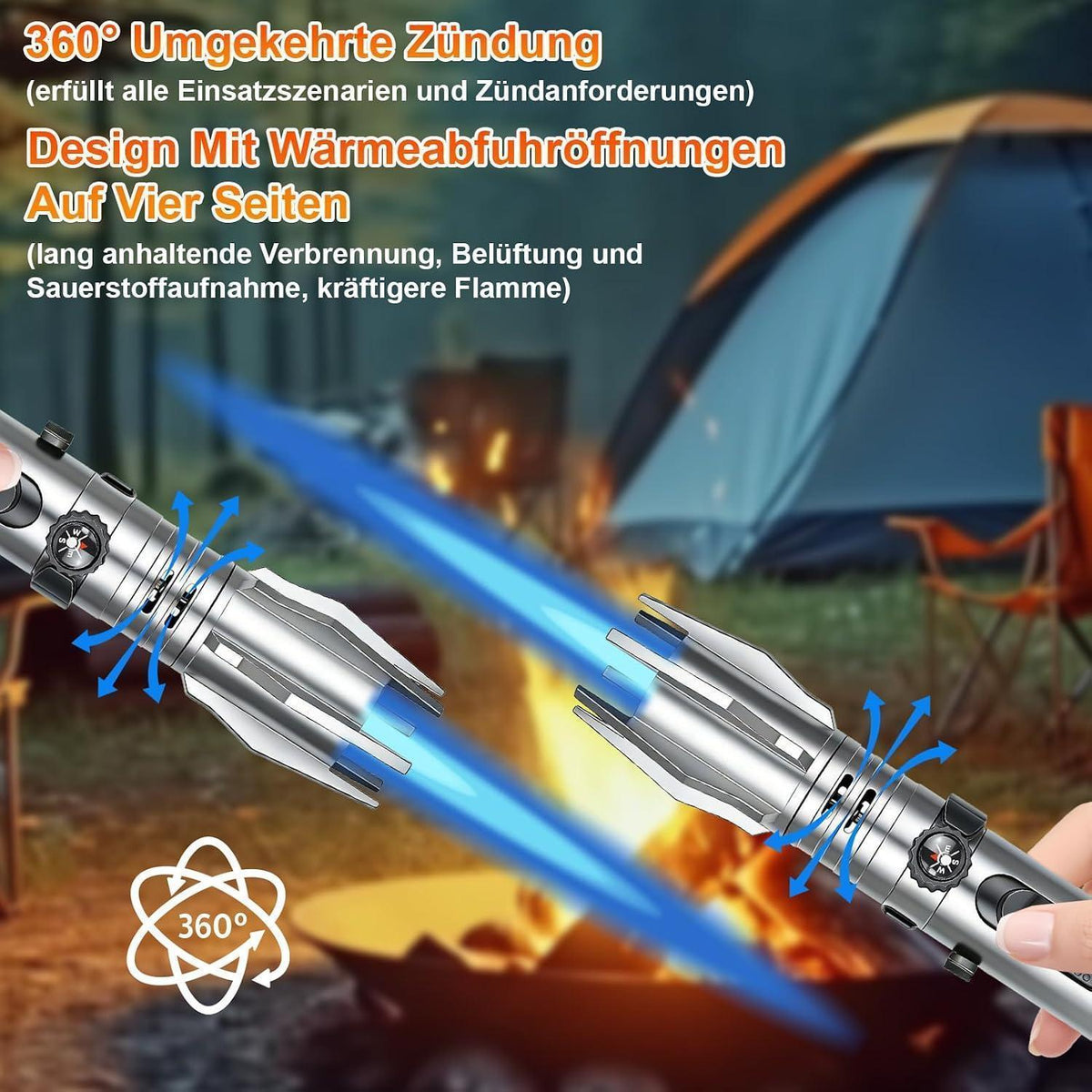 Sturmfeuerzeug Jetflamme mit Kompass & Aufhängering, Nachfüllbar