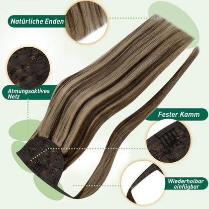 Echthaar Zopf Extension Braun mit Honigblond Highlights
