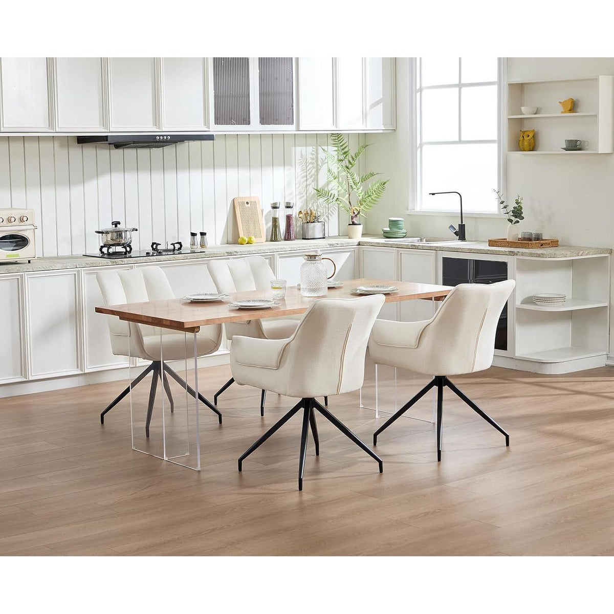 Drehbarer Esszimmerstuhl Set (2) – Beige, Chenille & Metallbeine