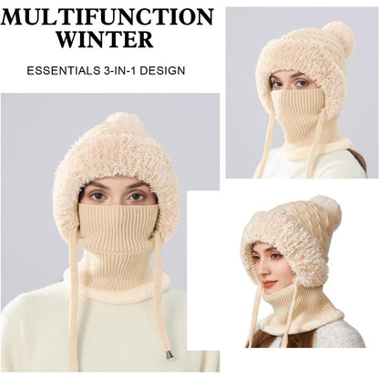 Winter Mütze Damen mit Schal & Gesichtsmaske - Warme Beanie mit Fleece