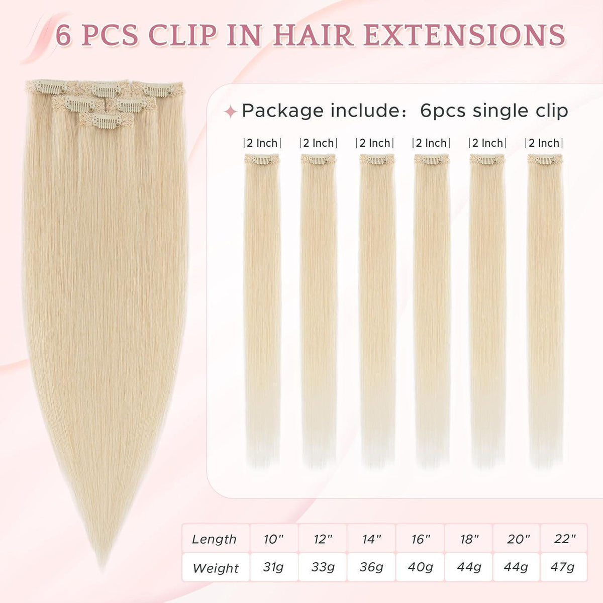 Echthaar Clip-in Extensions Platinumblond 50cm
