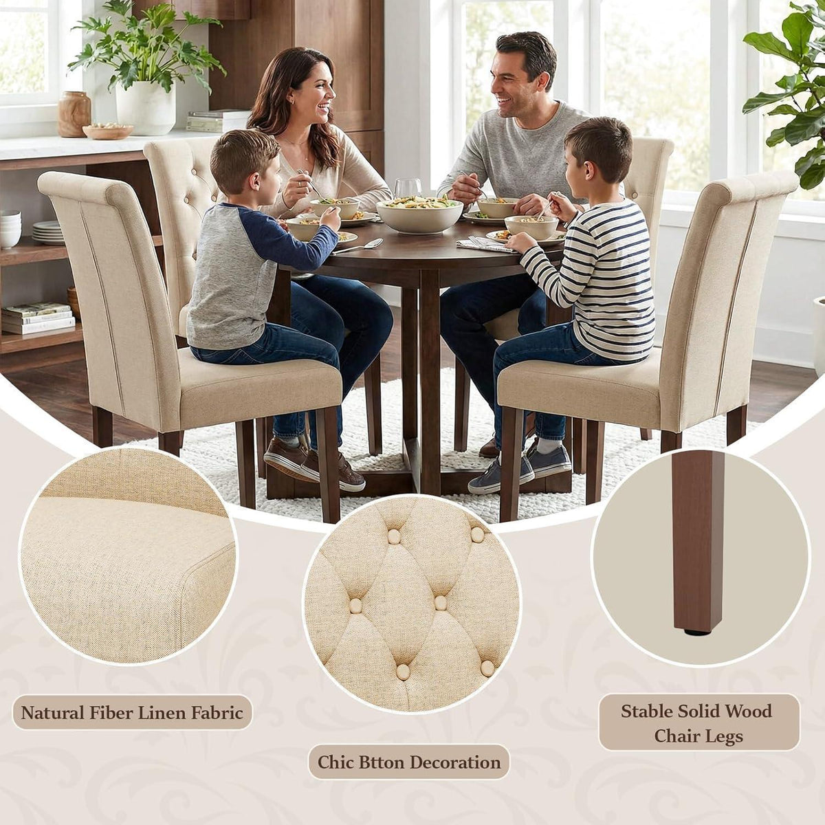 Gepolsterte Esszimmerstühle im Chesterfield Stil (4er Set, Beige)