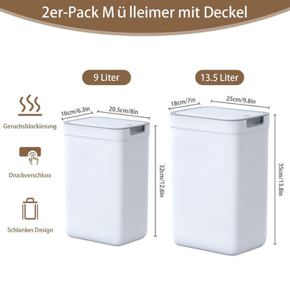 Badezimmer Mülleimer Set 2er-Pack | 13,5L + 9L | Weiß