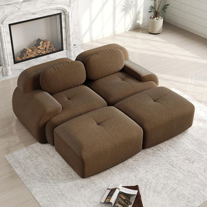2-4 Sitzer Cord Sofa Braun mit Hockern – Wohnzimmer Couch
