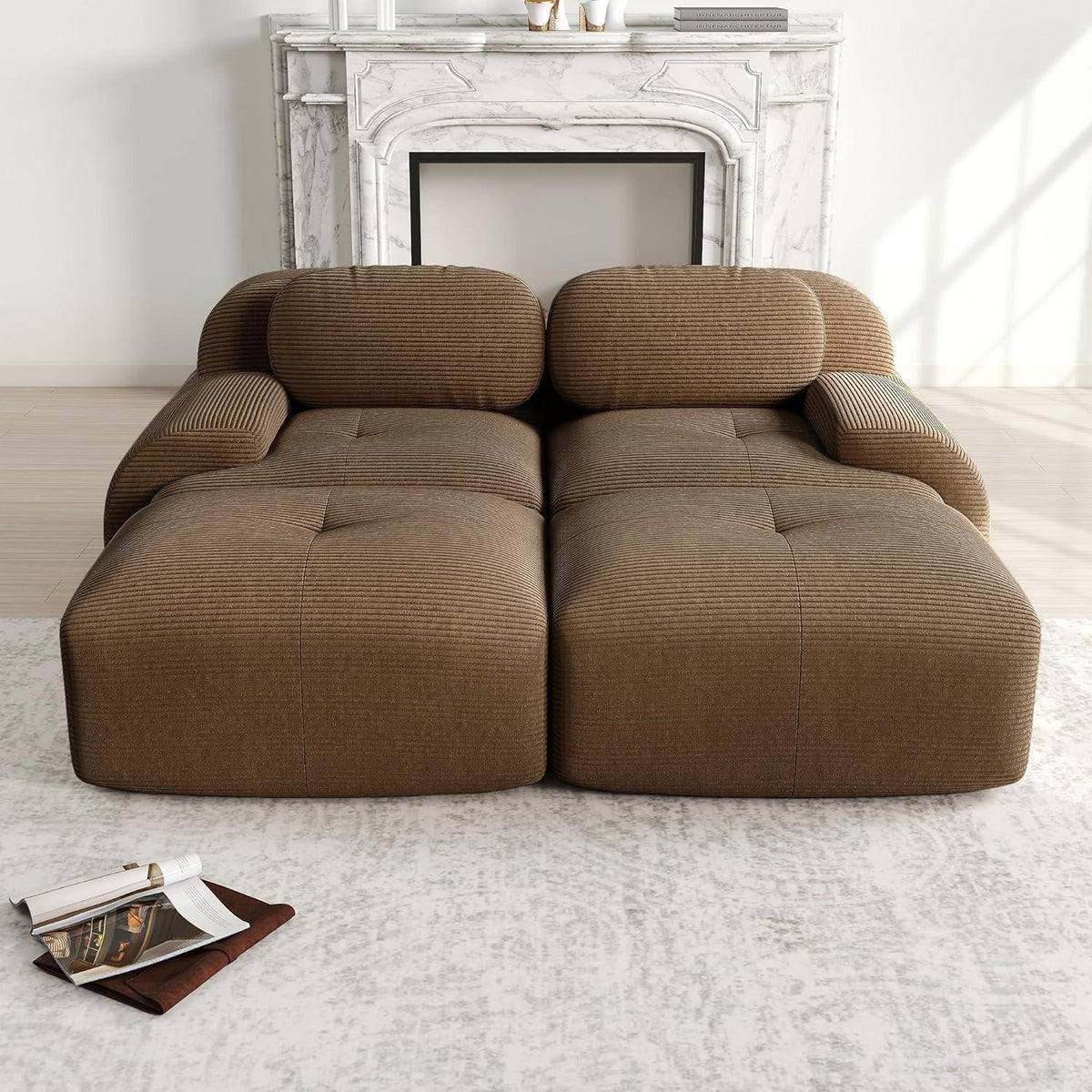2-4 Sitzer Cord Sofa Braun mit Hockern – Wohnzimmer Couch