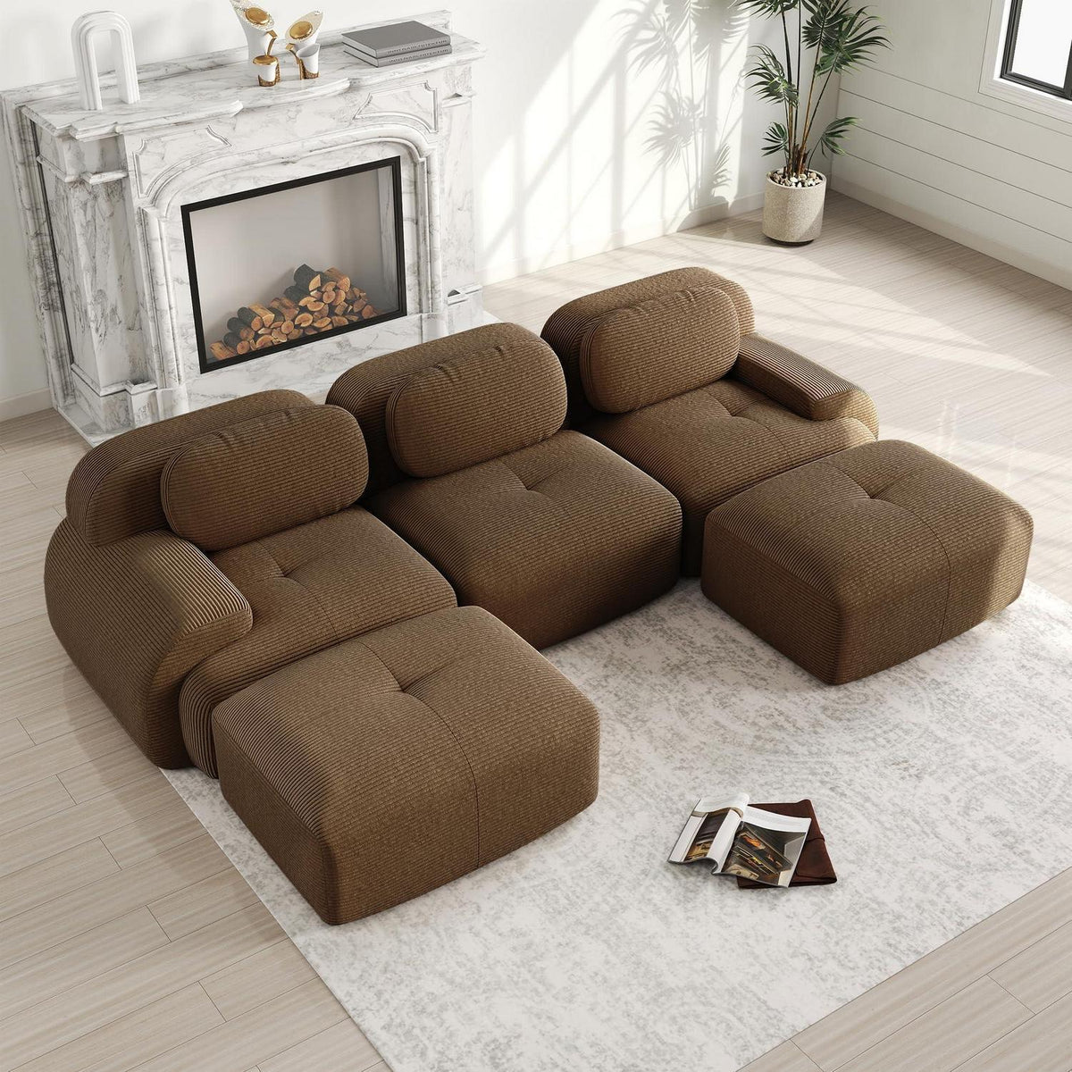 U-förmiges Cord Sofa (3-Sitzer + 2 Hocker) Braun