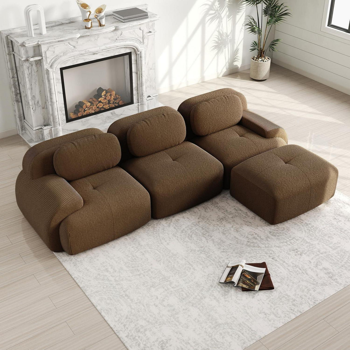 L-Form Sofa Cord Stoff Braun (3-Sitzer + Hocker) für Wohnzimmer