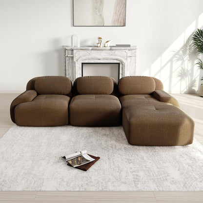 L-Form Sofa Cord Stoff Braun (3-Sitzer + Hocker) für Wohnzimmer