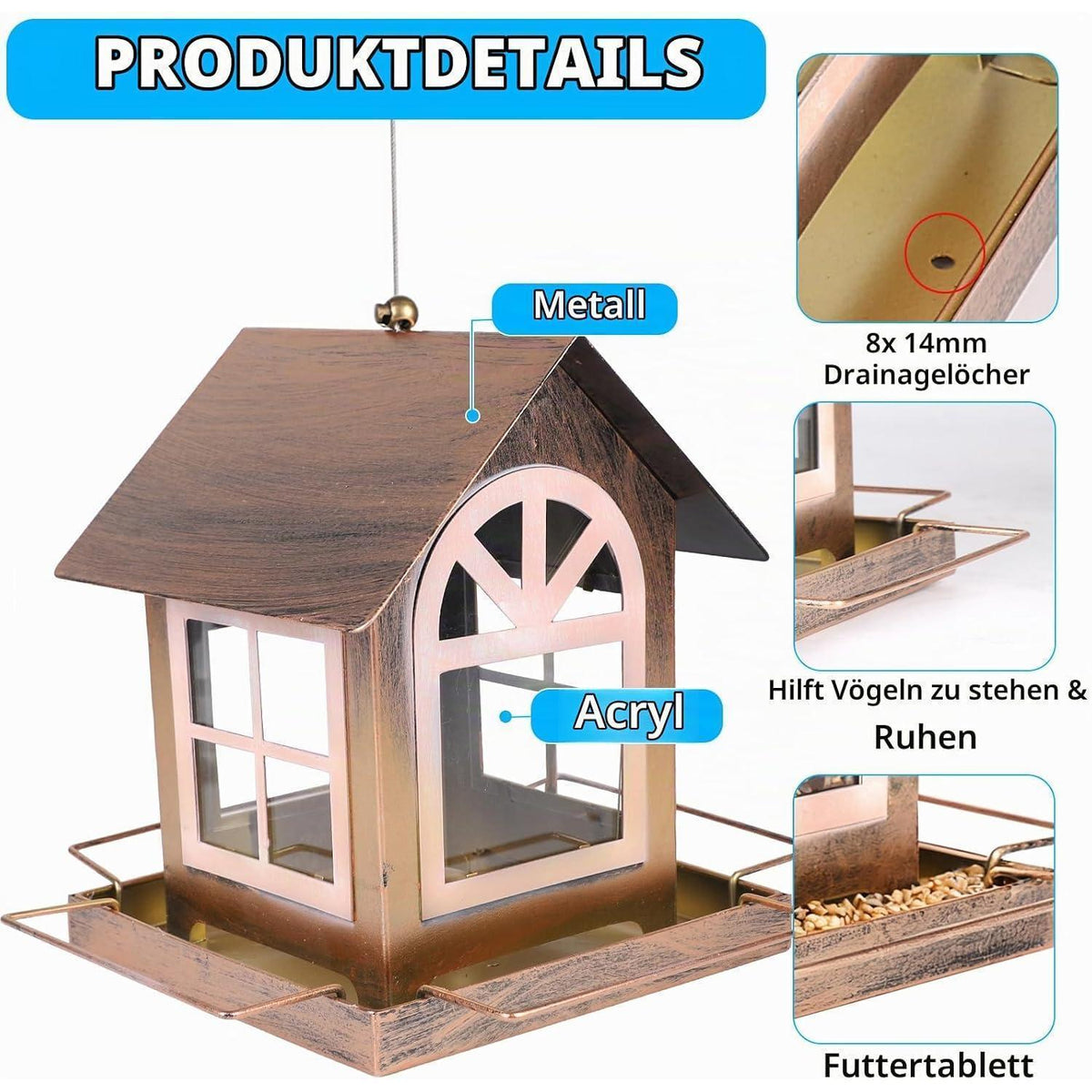 Vogelhaus Metall Bronze mit großem Fenster