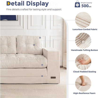 Klappsofa 190cm mit Schlaffunktion & Kissen – Off-White