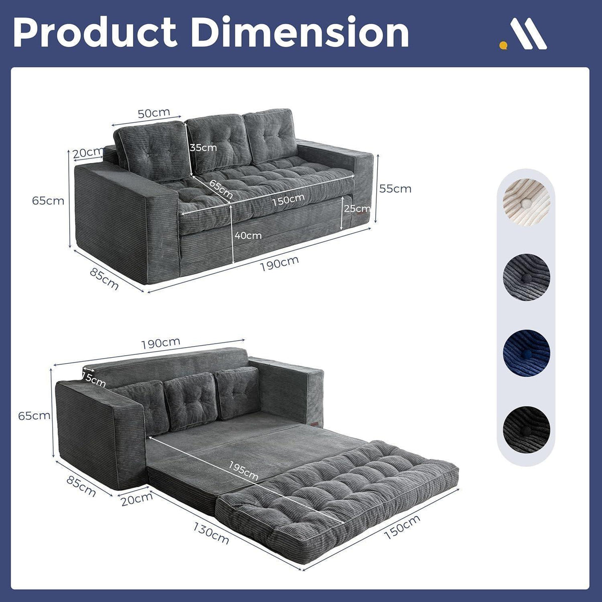 Klappsofa mit Schlaffunktion – Dunkelgrau, 190cm Breit