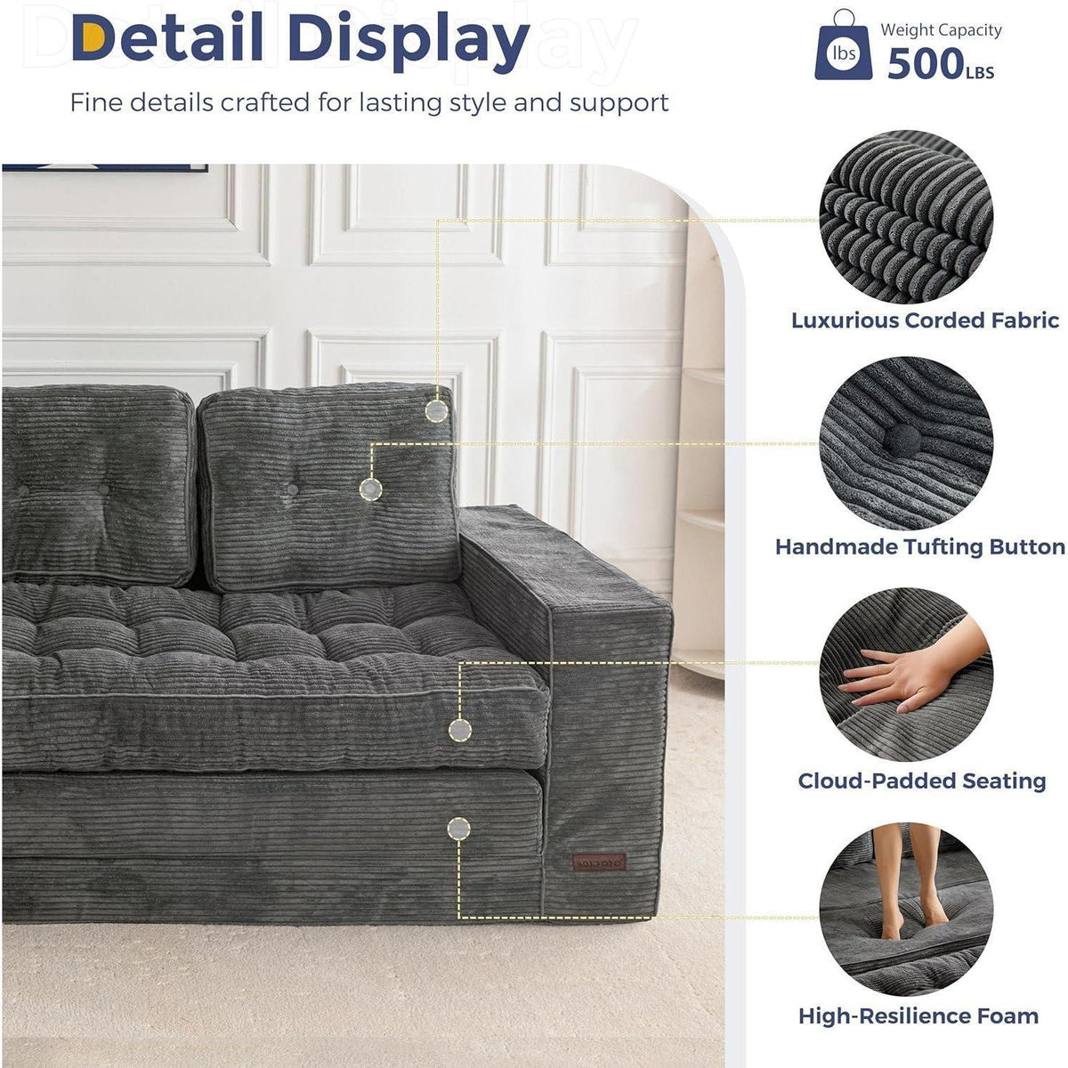 Klappsofa mit Schlaffunktion – Dunkelgrau, 190cm Breit
