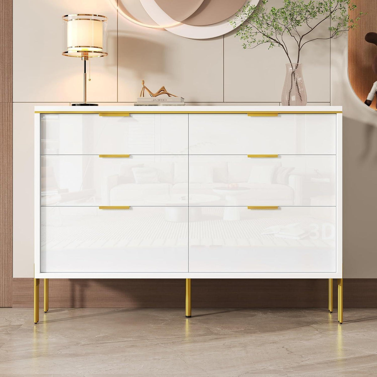 Moderner Sideboard-Schrank mit 6 Schubladen, Weiß