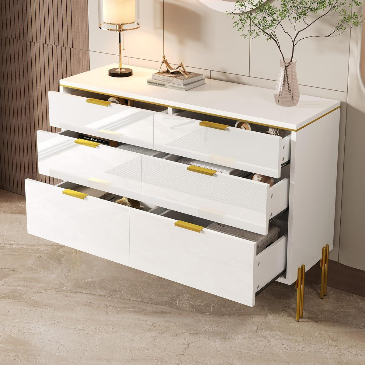 Moderner Sideboard-Schrank mit 6 Schubladen, Weiß