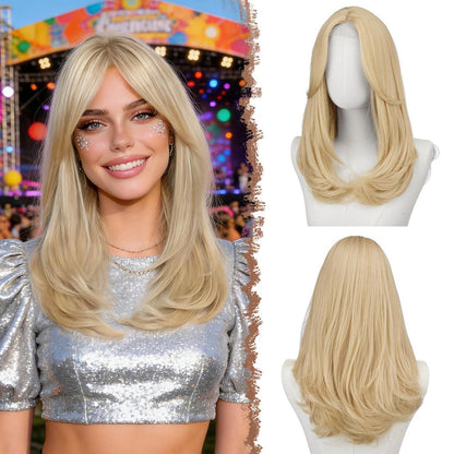 Hellblond Lace Front Perücke mit Pony, 45cm Synthetik Haar